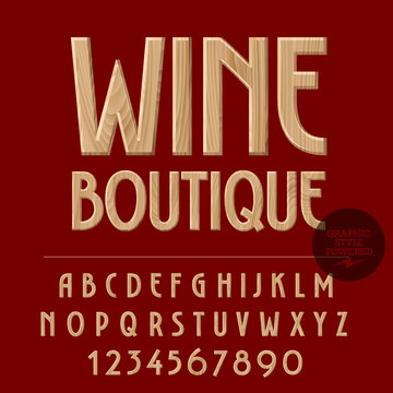 Vector set of alphabet letters, numbers and punctuation symbols. Wood emblem with text Wine boutique