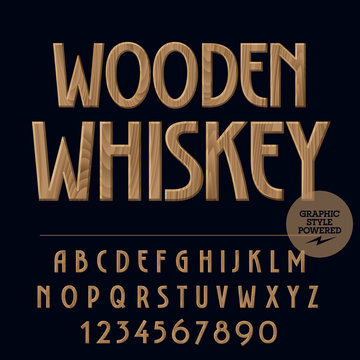 Vector set of alphabet letters, numbers and punctuation symbols. Label with text Wooden whiskey
