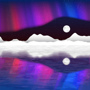 Arctic pole vector landscape with aurora