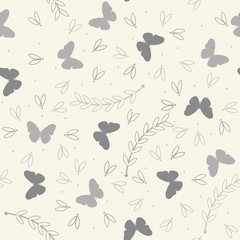 Endless pattern with cute plants, butterflies and petals