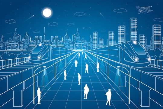People walk on the square, the train going over bridges, night city in the background, office buildings, vector design art