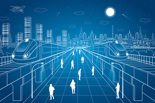 People walk on the square, the train going over bridges, night city in the background, office buildings, vector design art