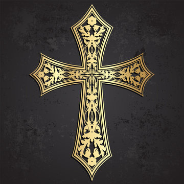 golden cross with floral ornaments on grunge background