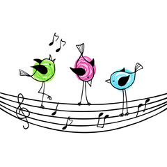 Three brightly colored birds on the stave with treble clef and n
