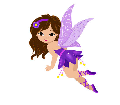 Illustration of a beautiful purple fairy in flight.