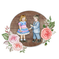 Naklejki  Akwarela dzieci w stylu vintage na drewnianym tle z delikatnymi bukietami róż. Chłopiec z ptakiem i małą rudowłosą dziewczynką.