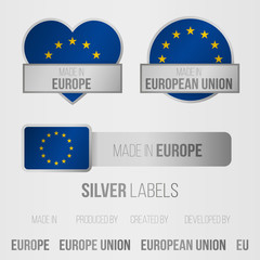 Set of made in labels with european union motive, collection of silver tags for products