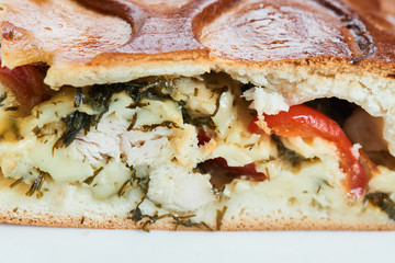 A piece of pie with chicken and potatoes on a white plate closeup