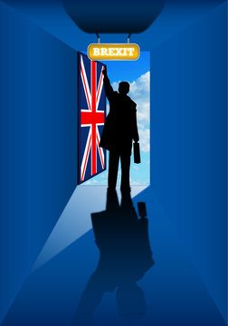 Brexit - Silhouette Of Man In Blue Room By Opening A Door With The Flag Of The United Kingdom