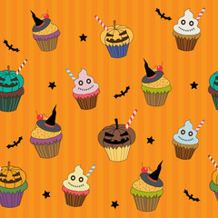Vector of halloween cupcakes design into seamless pattern on stripe orange colors background.