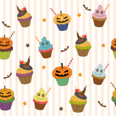Vector of halloween cupcakes design into seamless pattern on stripe white colors background.
