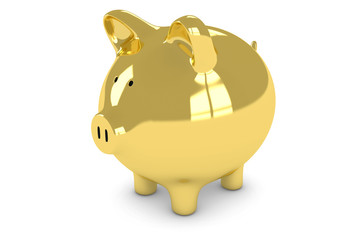 Golden Piggy Bank Isolated on White Background 3D Illustration