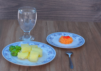 Fresh Homemade Sri Lankan Cassava Or Manioc With Onion & Coconut Sambol. Cassava Is The Third Largest Source Of Food Carbohydrates In The Tropics, After Rice And Maize