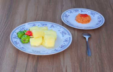 Fresh Homemade Sri Lankan Cassava Or Manioc With Onion & Coconut Sambol. Cassava Is The Third Largest Source Of Food Carbohydrates In The Tropics, After Rice And Maize