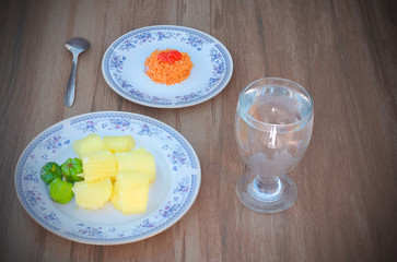 Fresh Homemade Sri Lankan Cassava Or Manioc With Onion & Coconut Sambol. Cassava Is The Third Largest Source Of Food Carbohydrates In The Tropics, After Rice And Maize