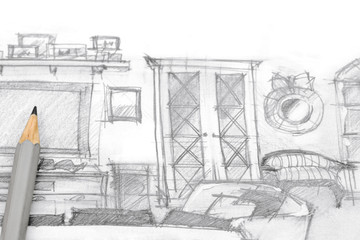 architectural sketch of modern entertainment wall with pencil