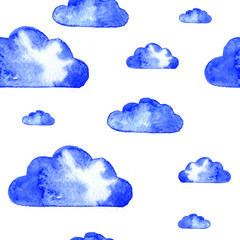 Blue watercolor clouds seamless pattern