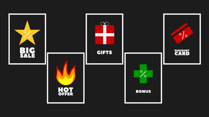 Icons for sale, discounts. Marketing. Promotion. Vector illustration.