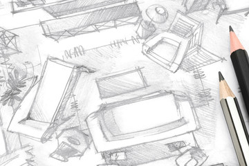 living room freehand sketch architectural drawing with pencils,