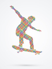 Naklejka na ściany i meble Skateboarders jumping designed using colorful pixels graphic vector.