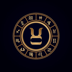 Taurus ,Luxury 12 Zodiac wheel cycle sign, designed using gold line color on dark blue background