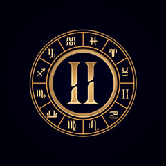 Fototapeta premium Gemini ,Luxury 12 Zodiac wheel cycle sign, designed using gold line color on dark blue background