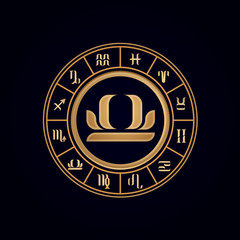 Libra ,Luxury 12 Zodiac wheel cycle sign, designed using gold line color on dark blue background