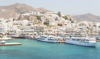 Fototapeta na wymiar Naxos island, port, ships, city, tourist resort, Greece