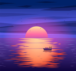 Fischerboot Sonnenuntergang Vektor Hintergrundkonzept