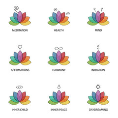 Symbols of meditation and alternative healing vector icon set 