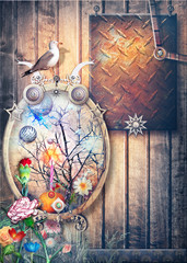 Composition steampunk avec cadre gothique, paysage de conte de fées