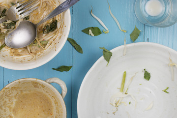 Leftovers of food on wood table.