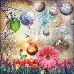 Papier Peint photo autocollant Imagination Pays enchanté avec champ de tulipes et fleurs colorées
