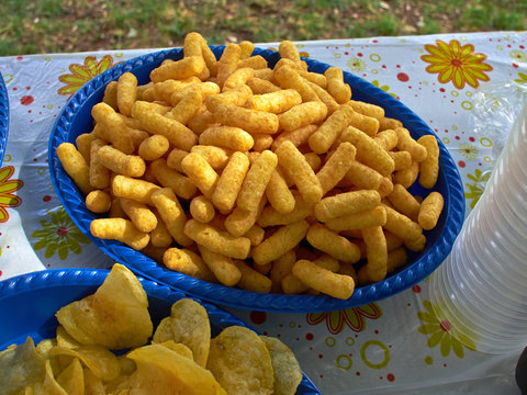 Crunchy Cheese Snacks Puffs Doodles In A Blue Bowl