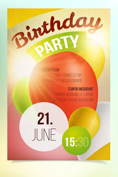 Birthday party poster with ballons and sunny theme, birthday party invitation template with text field, vector illustration
