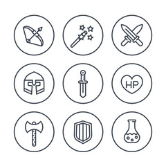 Game line icons in circles, RPG, sword, magic, bow, fantasy, armor, vector illustration