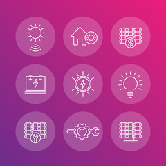 Solar energy line icons, electricity, solar panels, plant, vector illustration