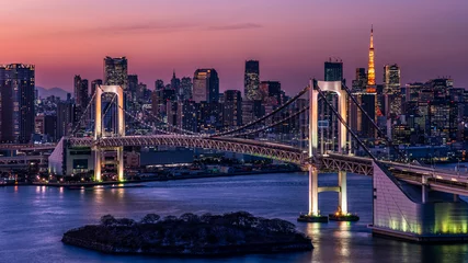 Photo sur Plexiglas Tokyo Vue nocturne du centre de Tokyo, du pont Rainbow et de la tour de Tokyo