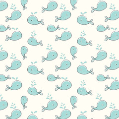 Fototapeta premium Cute background with cartoon blue whales. Baby shower design. Seamless pattern can be used for wallpapers, pattern fills, surface textures.