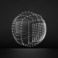 Sphere with Connected Lines and Dots. Global Digital Connections. Globe Grid. Wireframe Illustration. 3D Technology Style. Networks.