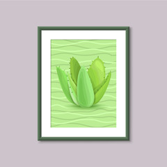 Art painting with succulent in frame on gray background. Template design for web and mobile. Vector vintage illustration concept