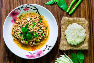 spicy minced pork salad, minced pork mash with spicy, Thai food ,local food