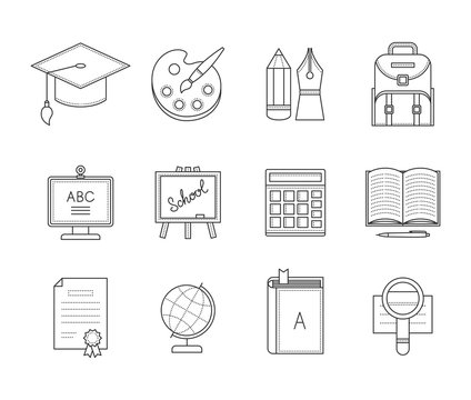 Education thin line icons on white background. 12 school and college icons.