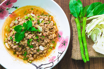 spicy minced pork salad, minced pork mash with spicy, Thai food ,local food