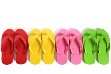 Summer beach flip flops or flipflops line row isolated on white background teamwork team family...
