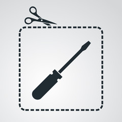 Icono plano tijeras cortando cupón con destornillador en fondo degradado