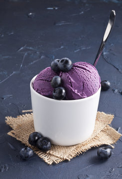 Blueberry ice cream scoops on the dark blue.