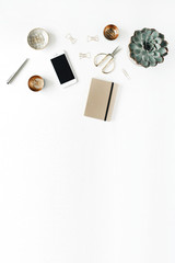 feminini desk workspace with succulent, phone, scissors, diary and golden clips on white background. flat lay, top view
