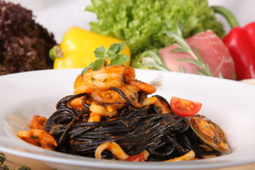 Black spaghetti with seafood