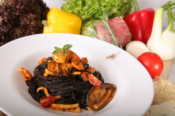 Black spaghetti with seafood